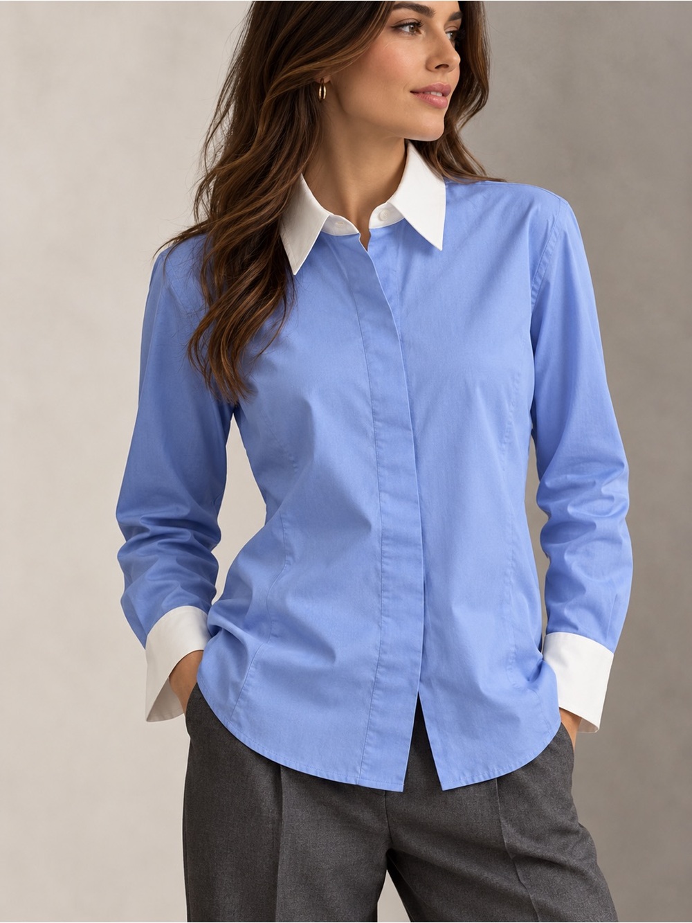 Ann Taylor Blue Button Front Shirt White Collar Cuffs Size 8-M 100%cotton